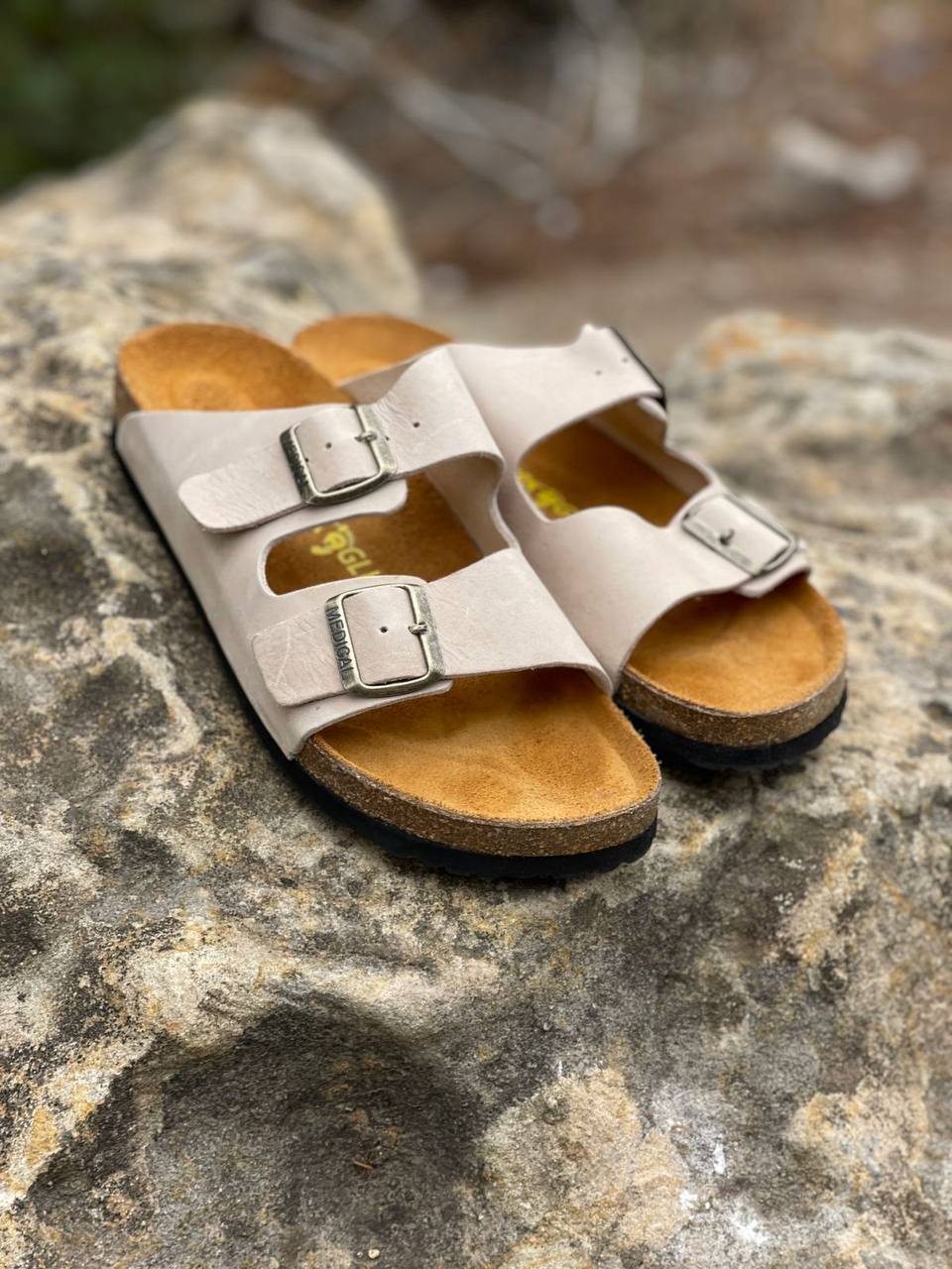 Two-Strap Suede Sandals Beige