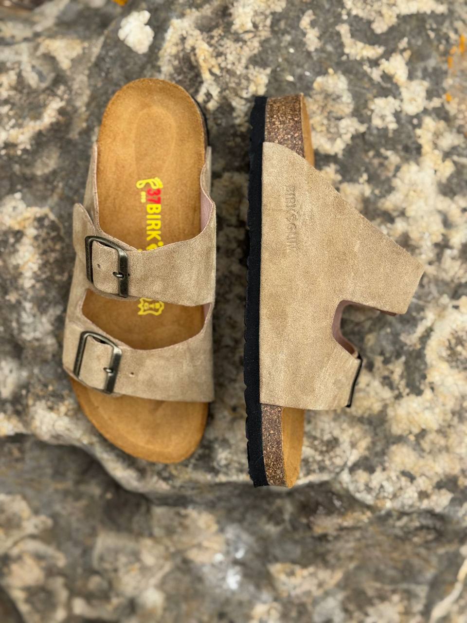 Two-Strap Suede Sandals Beige