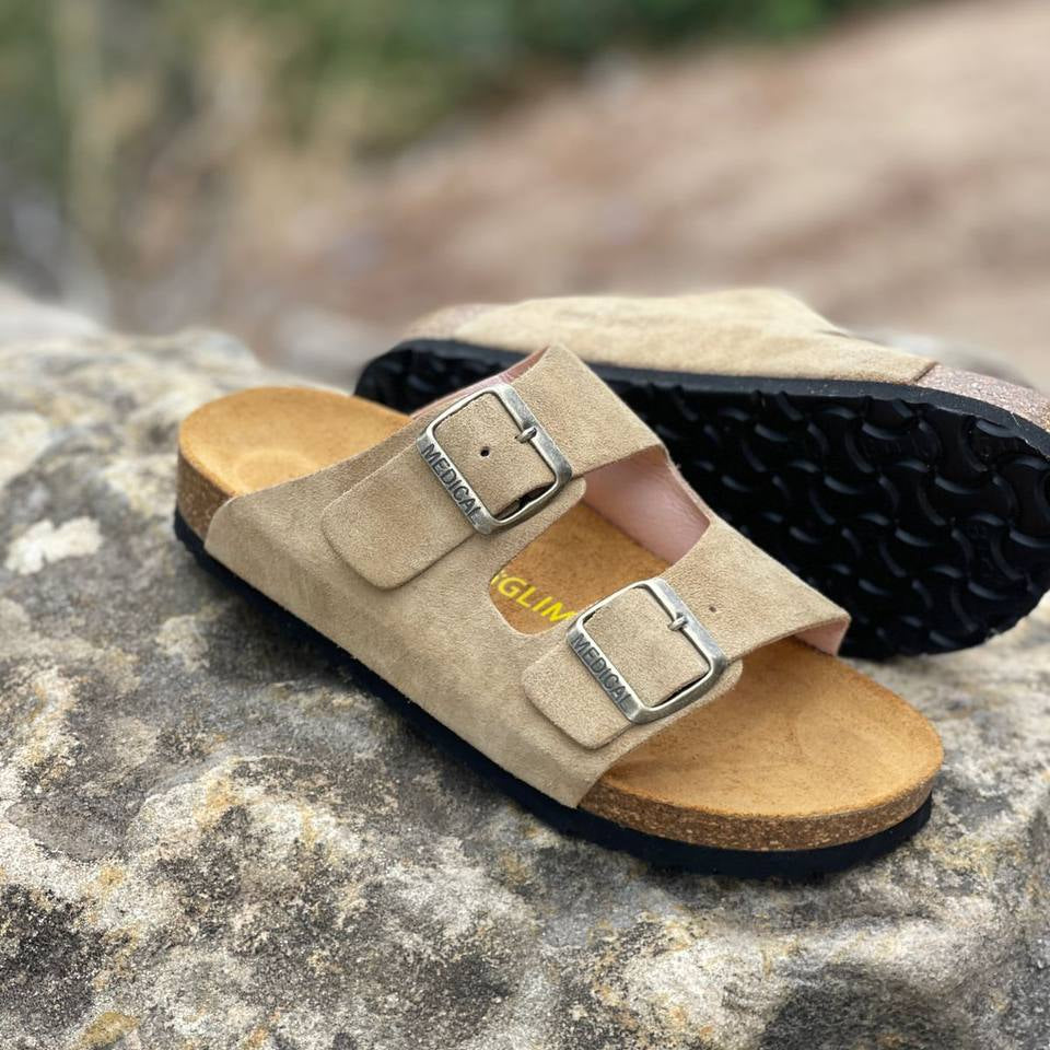 AGL two-strap suede sandals in tan on rock, women's comfort slides