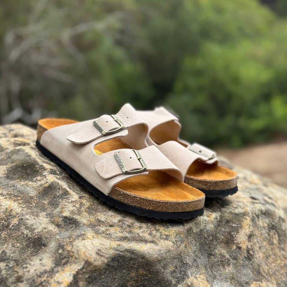 Two-Strap Suede Sandals Beige