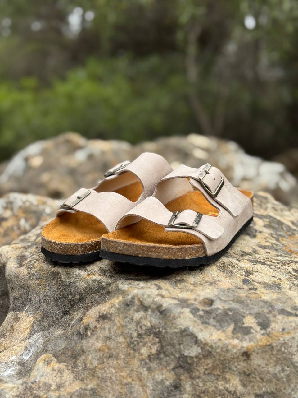 Two-Strap Suede Sandals Beige