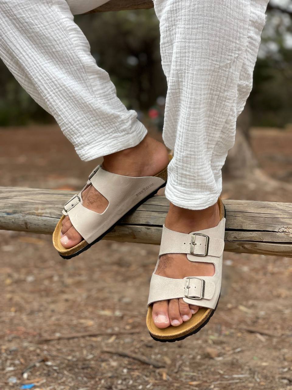 Two-Strap Suede Sandals Beige