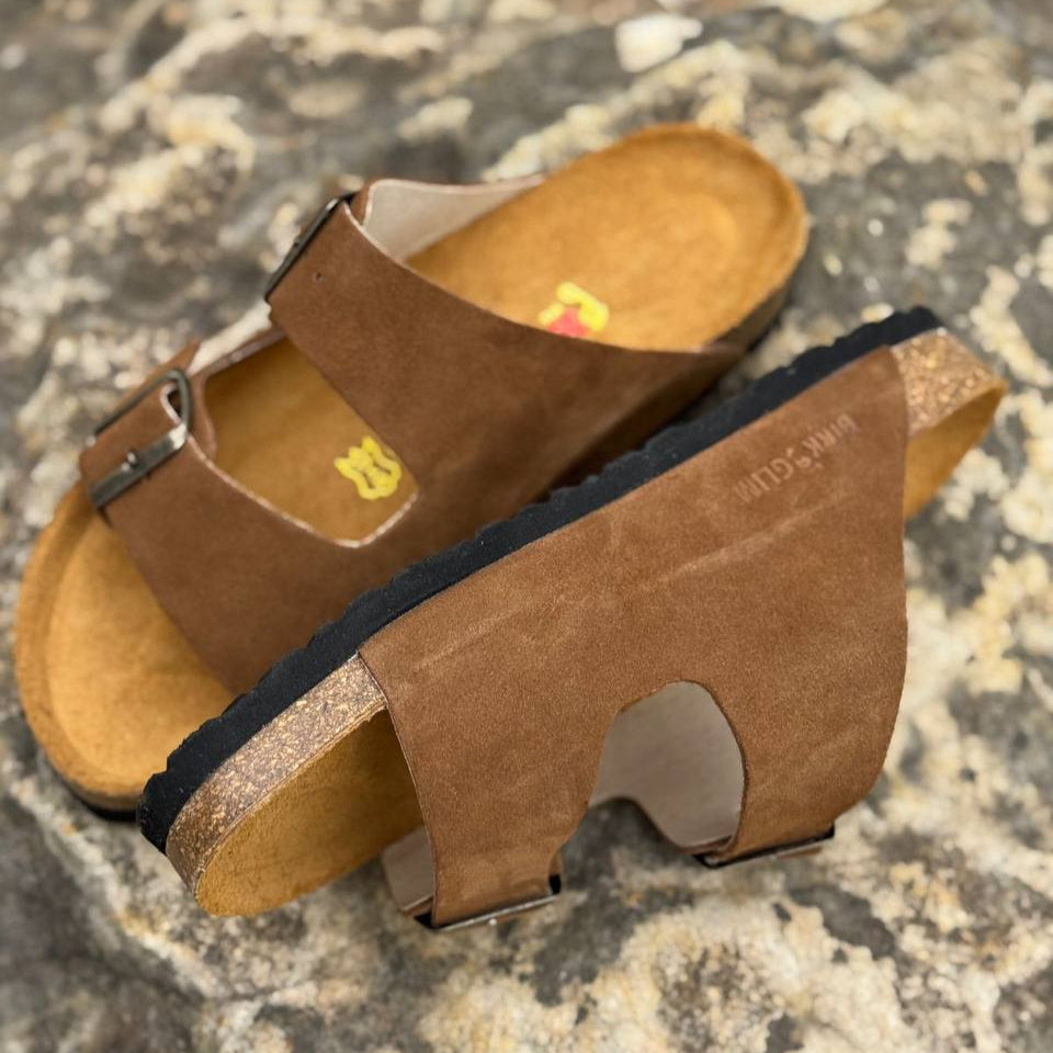 Unisex adjustable strap sandals in brown suede