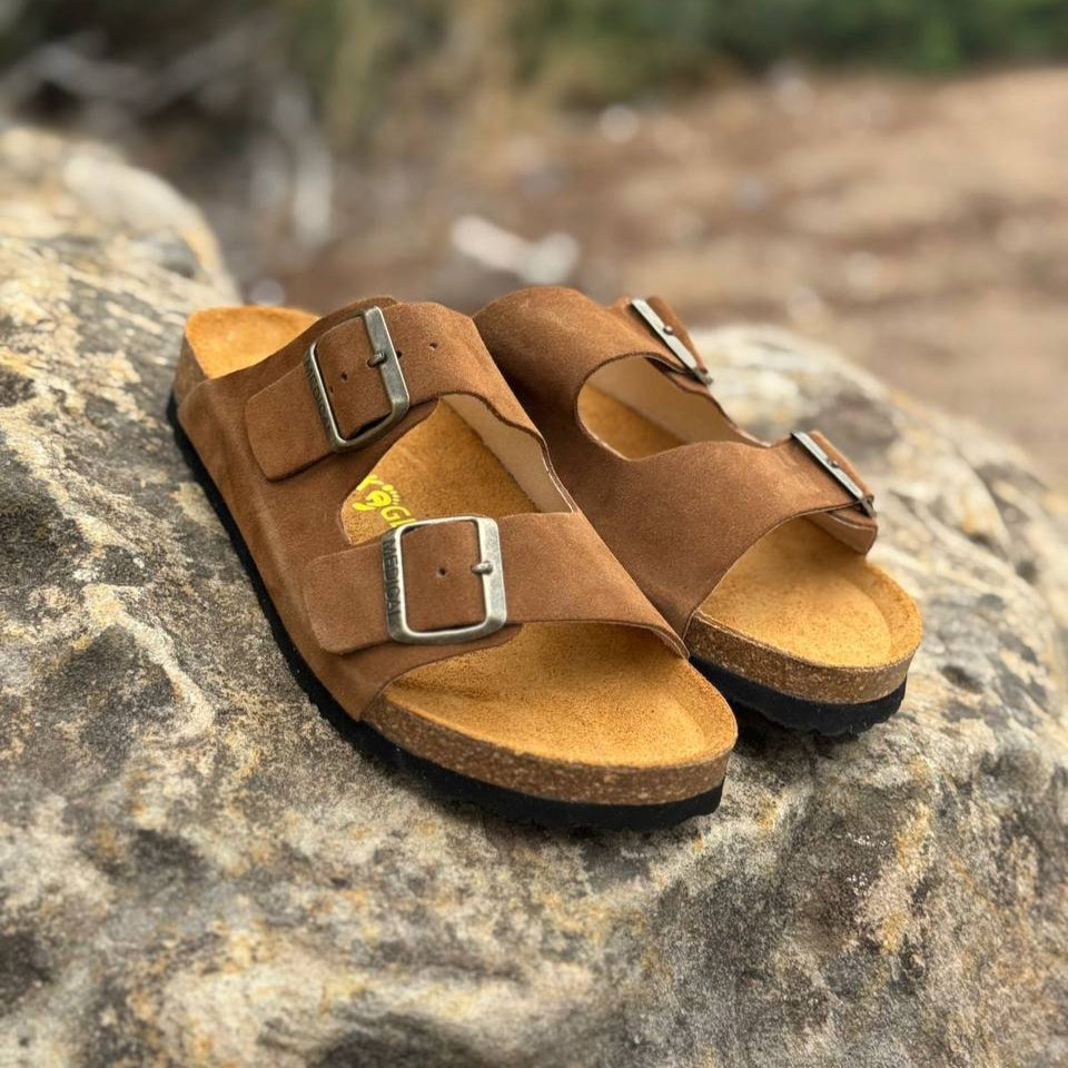 Brown suede Aglim comfort sandals with cork sole