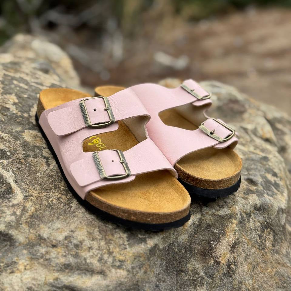 Adjustable buckles on AGL Essentials pink leather sandals, unisex design
