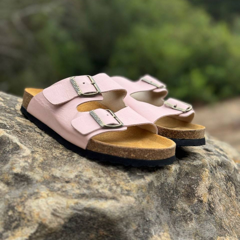 Essentials two-strap sandals in pink on rock, unisex comfort slides