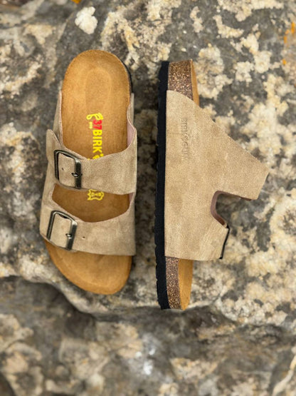 Two-Strap Suede Sandals Beige