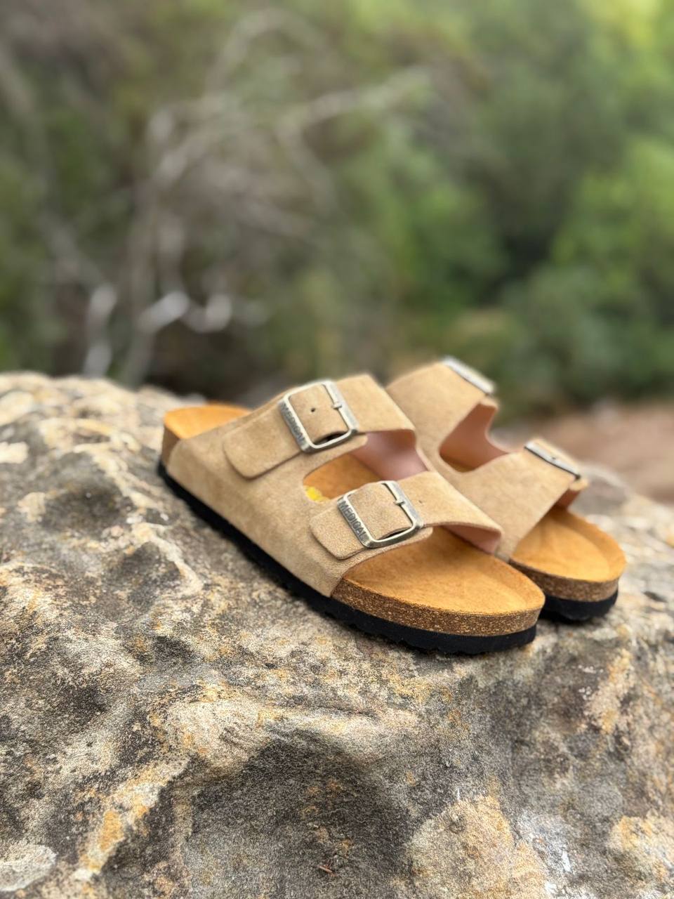 Two-Strap Suede Sandals Beige