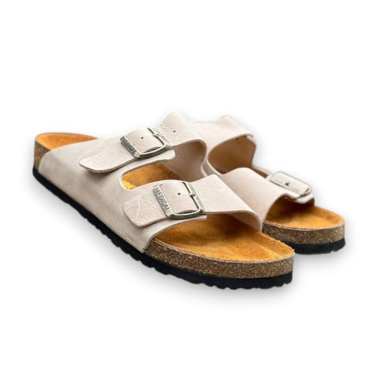 Two-Strap Suede Sandals Beige