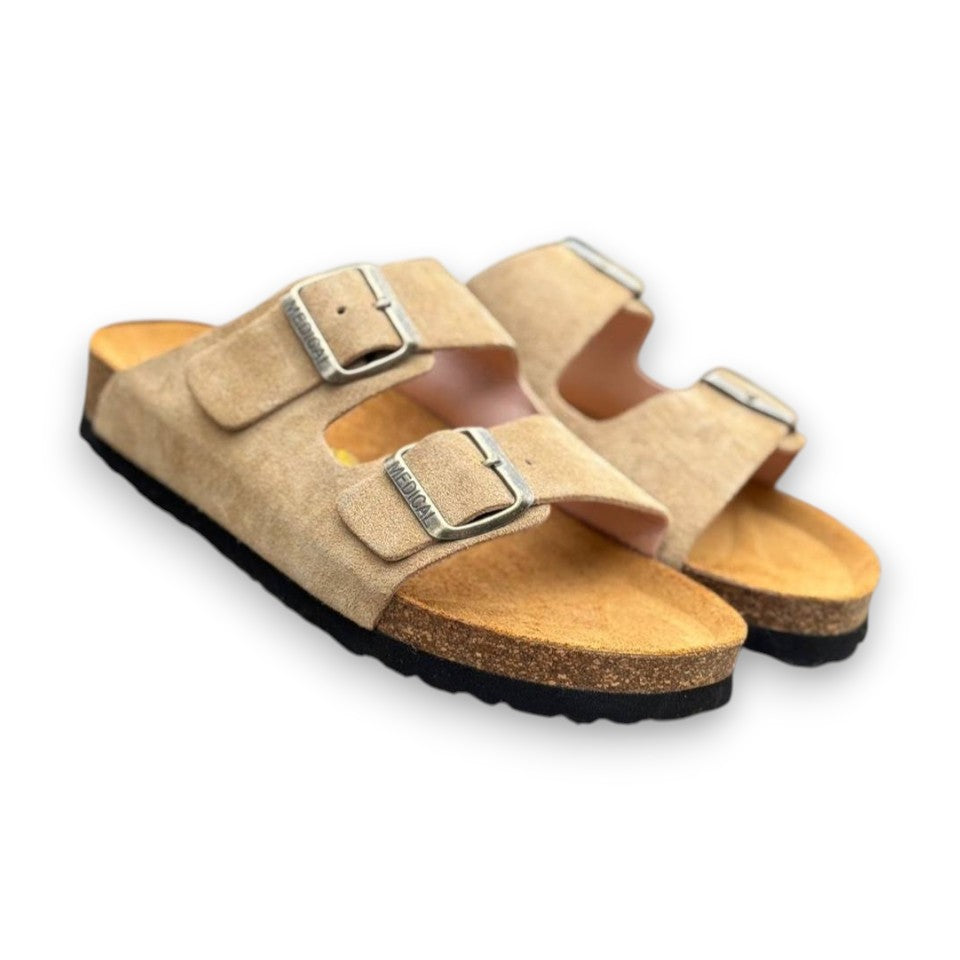 Two-Strap Suede Sandals Beige