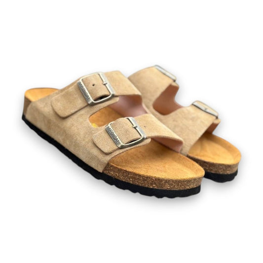 Two-Strap Suede Sandals Beige